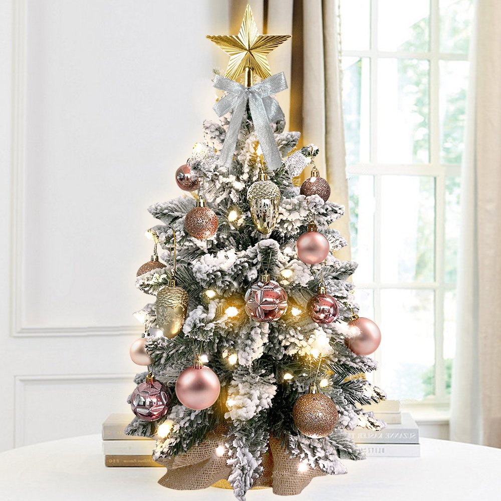 22in Mini Christmas Tree with Lights, Rose Gold Artificial Small Tabletop Christmas Tree with Flocked Snow 22in Mini Christmas Tree with Lights, Rose Gold Artificial Small Tabletop Christmas Tree with Flocked Snow